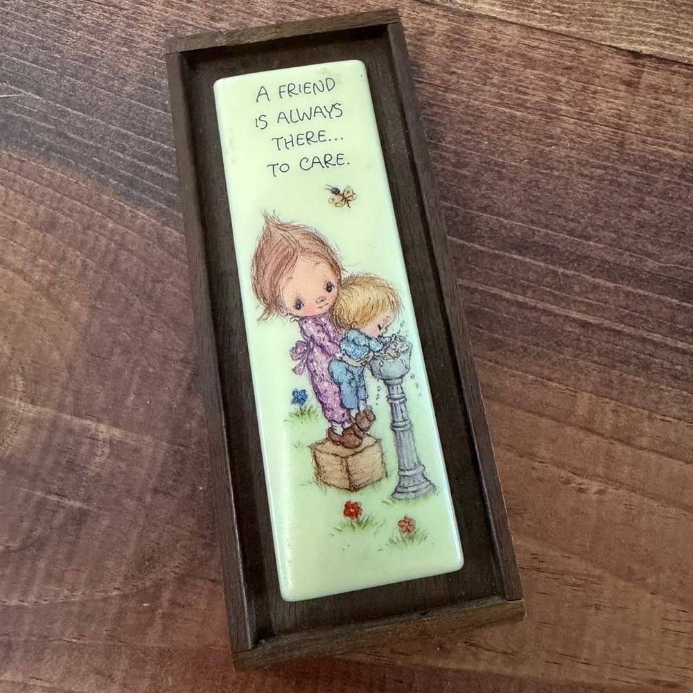 Vintage 1983 Hallmark Little Gallery Ceramica Plaque Walnut Frame Friend Gift
